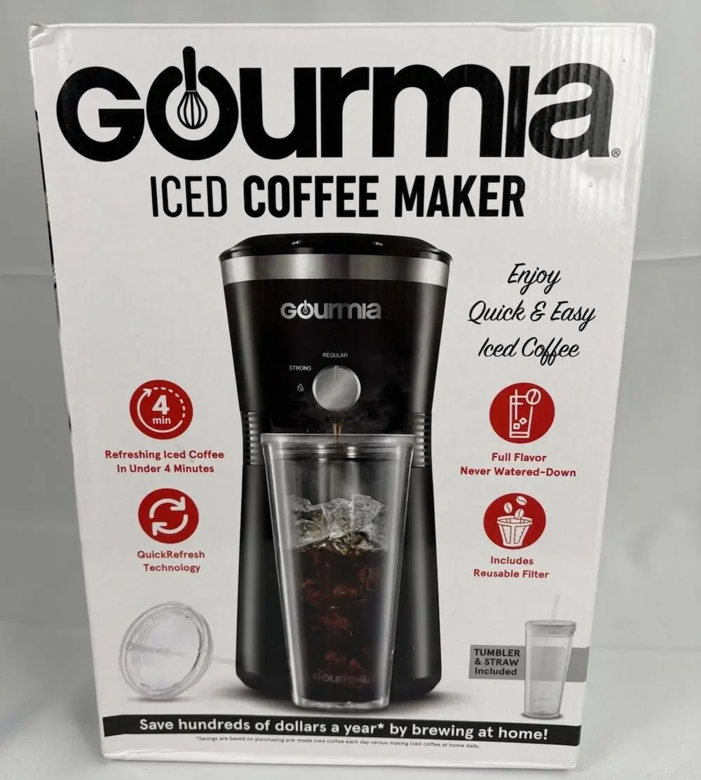 Gourmia Iced Coffee Maker with Brew-Strength Control Reusable Filter and Tumbler